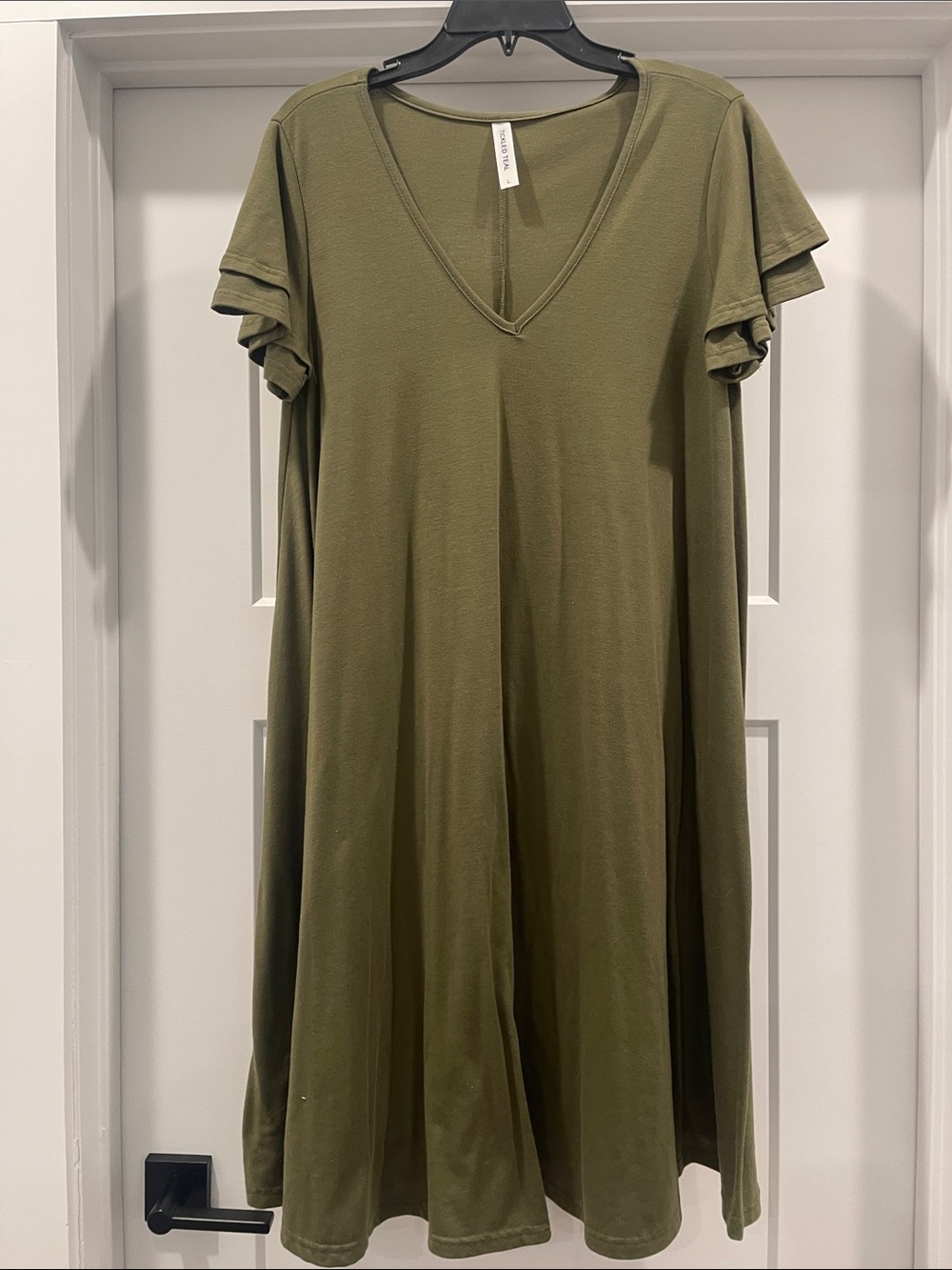 Tickled Teal Olive V-Neck Swing Midi Dress